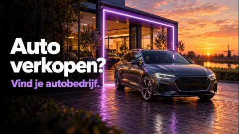 Auto verkopen? Vind je autobedrijf. Paarse neonadvertentie voor autotekoopzetten.nl.