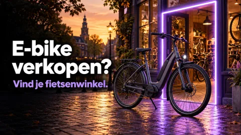 E-bike verkopen? Vind je fietsenwinkel. Paarse neonadvertentie voor ebiketekoopzetten.nl.