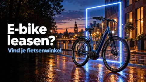 E-bike leasen? Vind je fietsenwinkel. Blauwe neonadvertentie voor ebikevoordeligleasen.nl.