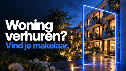 Woning verhuren? Vind je makelaar. Blauwe neonadvertentie voor woningtehuurzetten.nl.