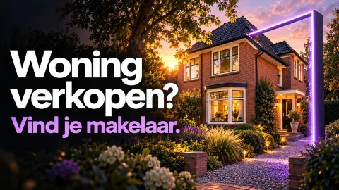 Woning verkopen? Vind je makelaar. Paarse neonadvertentie voor woningtekoopzetten.nl.