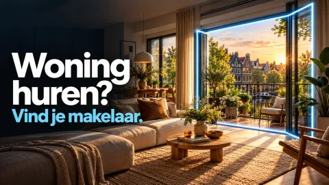 Woning huren? Vind je makelaar. Lichtblauwe neonadvertentie voor woningvoordelighuren.nl.