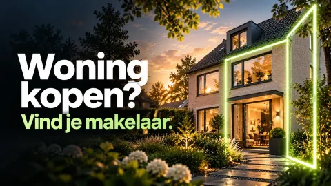 Woning kopen? Vind je makelaar. Groene neonadvertentie voor woningvoordeligkopen.nl.